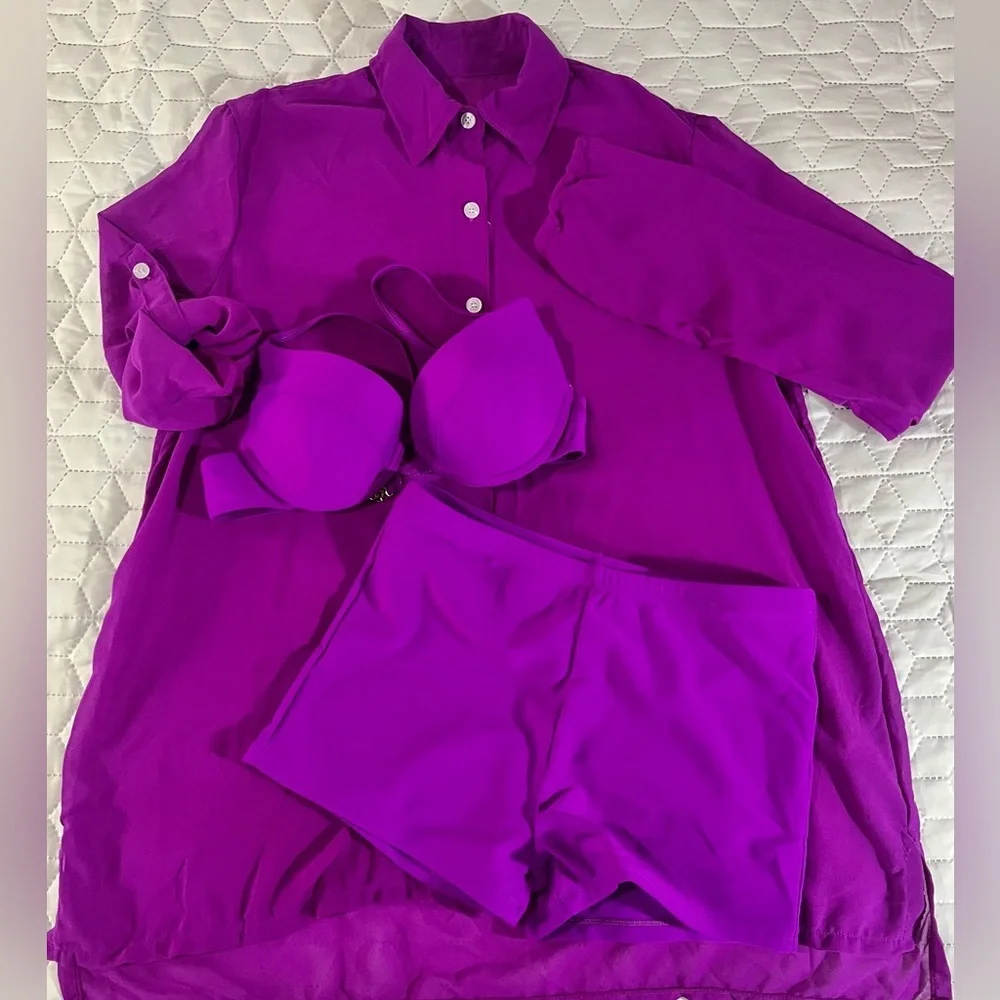 Matte Collection Purple 3 Piece Bikini Set Sheer Cover Up Small